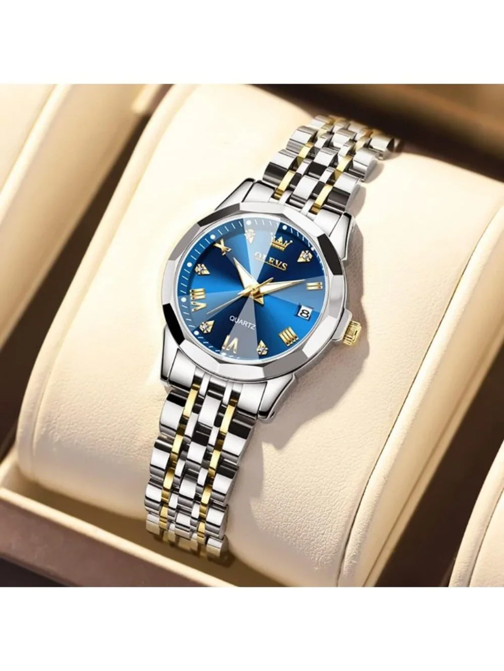 Women's Two Tone Band/Blue Dial Stainless Steel Luxury Quartz Analog Wrist Watch